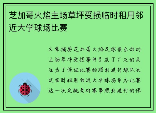 芝加哥火焰主场草坪受损临时租用邻近大学球场比赛